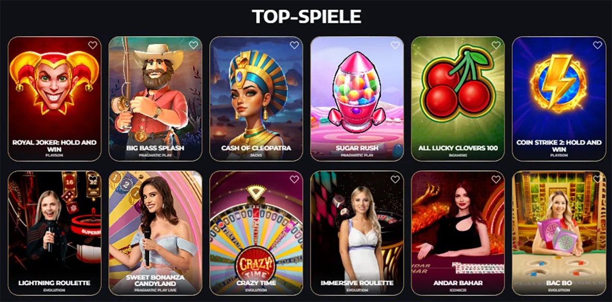 Top casino games including Royal Joker Hold and Win, Big Bass Splash, Cash of Cleopatra, Sugar Rush, All Lucky Clovers 100, Coin Strike Hold and Win, Lightning Roulette, Sweet Bonanza Candyland, Crazy Time, Immersive Roulette, Andar Bahar, and Bac Bo.
