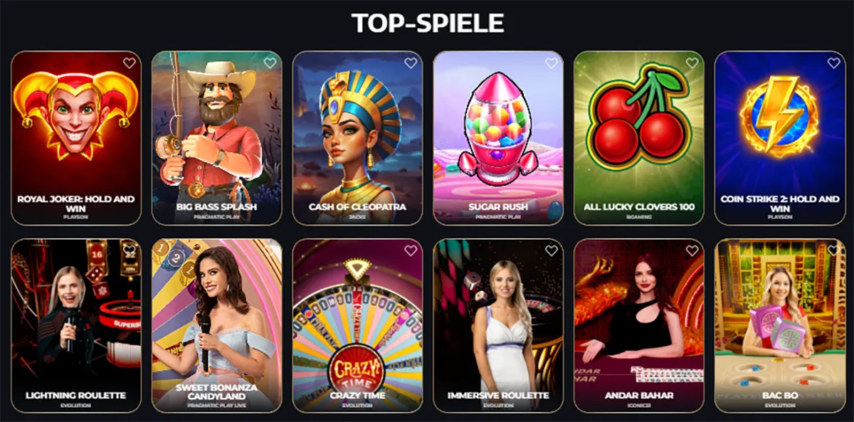 Top casino games including Royal Joker Hold and Win, Big Bass Splash, Cash of Cleopatra, Sugar Rush, All Lucky Clovers 100, Coin Strike Hold and Win, Lightning Roulette, Sweet Bonanza Candyland, Crazy Time, Immersive Roulette, Andar Bahar, and Bac Bo.